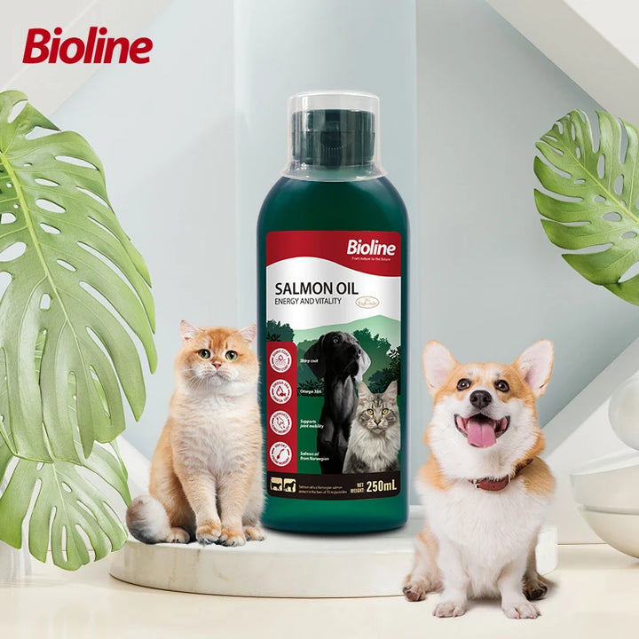 Bioline 250ml SALMON OIL Fish Oil for Dogs & Cats Omega 3 Fatty Acids EPA & DHA for Pets Sensitive Skin Coat Health 8.45 oz