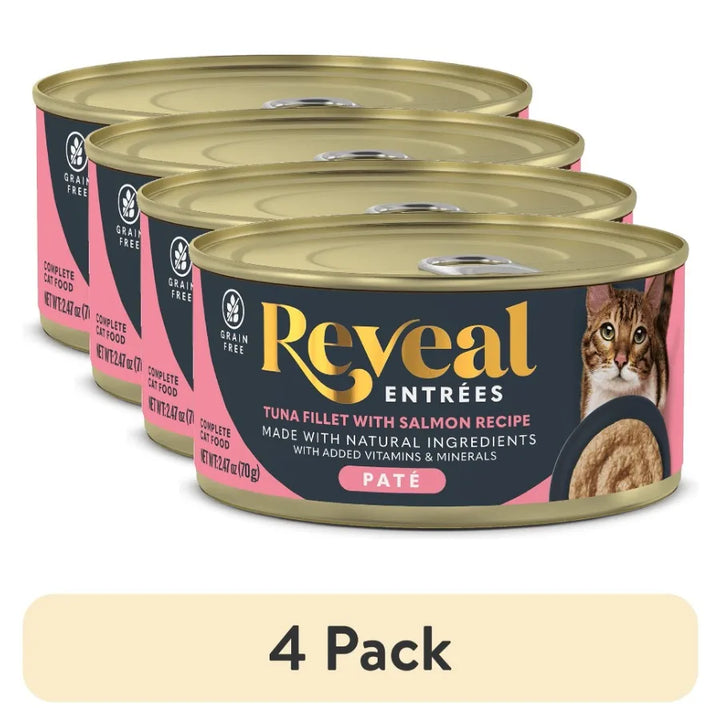 4 pack Pet Food Entrees Natural Wet Cat Food Tuna with Salmon Pate in Broth 2.47 oz Can