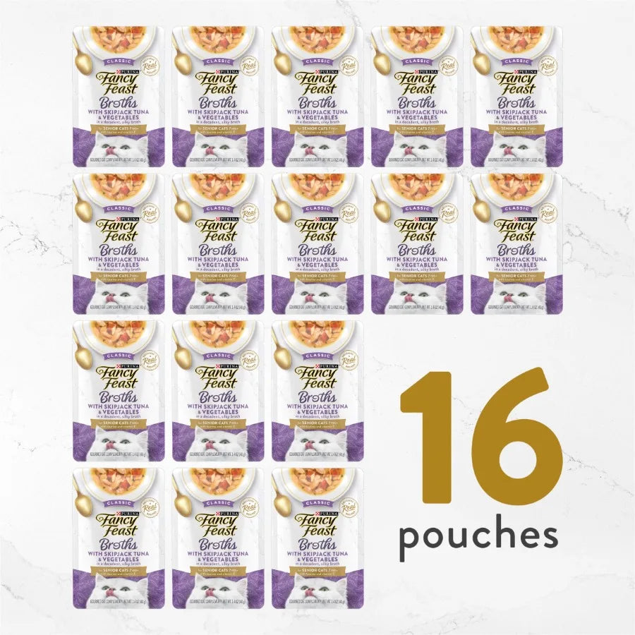Purina Broths Cat Food Wet Cat Food Skipjack Tuna Veggies 1.4 oz Pouch 16 Pack